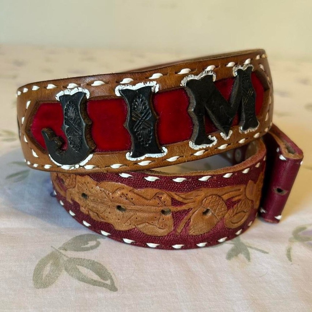 Vintage Bohemian Western Hippie Punk Tooled Leather & Velvet KEEN Jim Belt